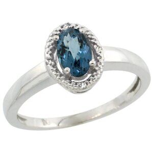 Sterling Silver Diamond Halo Natural London Blue Topaz Ring Oval 6X4 mm